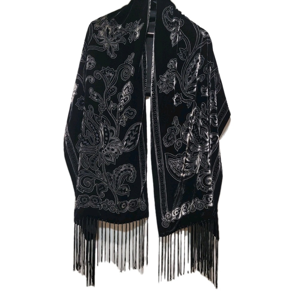 Velvet Burnout Scarf Wrap Shawl 70" X 19" Black Fringe Boho Witchy Lagenlook